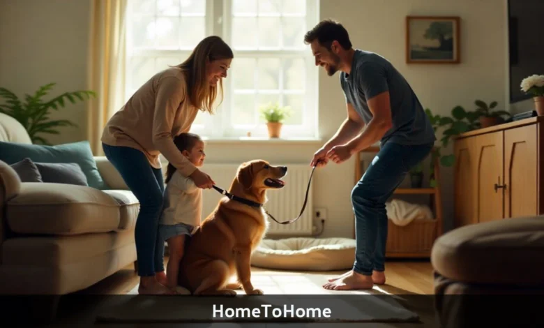 HomeToHome pet adoption meeting between family and dog owner in home setting for direct rehoming without shelter