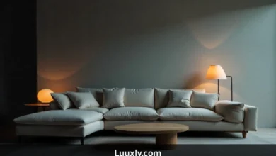 Luuxly.com house interior design featuring warm earth tones curved sofa natural wood coffee table and minimalist decor