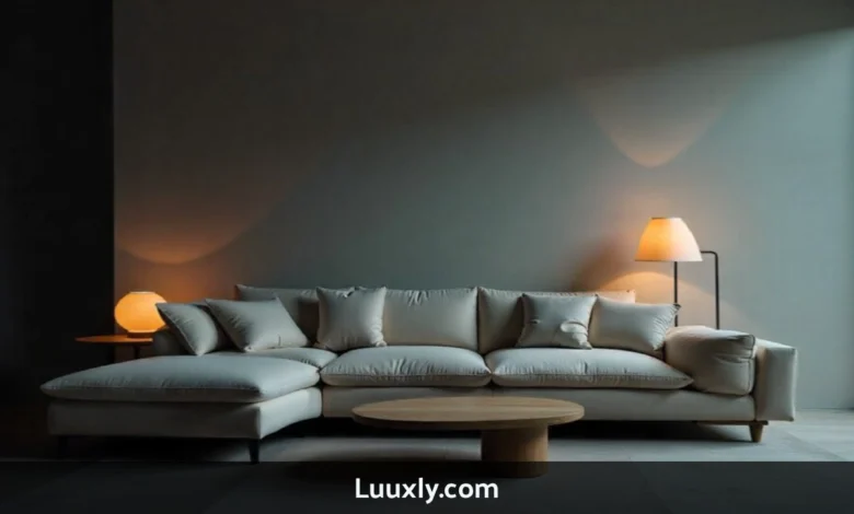 Luuxly.com house interior design featuring warm earth tones curved sofa natural wood coffee table and minimalist decor