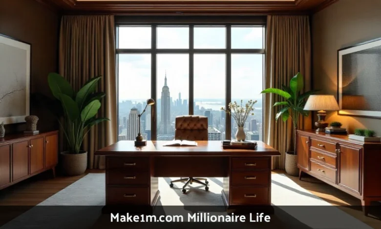 Make1m.com Millionaire Life wealth building strategies with investment charts and luxury lifestyle elements