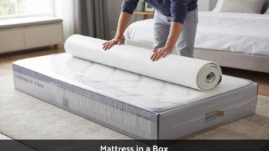 Mattress in a box being unboxed in bedroom showing compressed rolled mattress expanding on bed frame