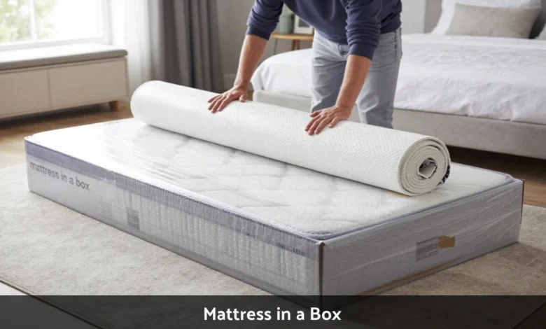 Mattress in a box being unboxed in bedroom showing compressed rolled mattress expanding on bed frame