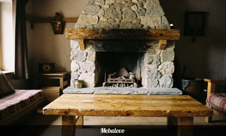 Mebalovo home design living room with wooden beams natural stone fireplace and rustic furniture