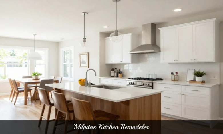Modern Milpitas kitchen remodel with white cabinets, quartz countertops, and island seating by professional kitchen remodeler