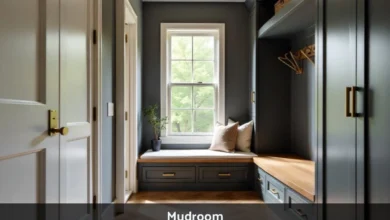 Mudroom with built-in cabinets, wooden bench seating, hooks for coats, and organized storage for shoes and bags