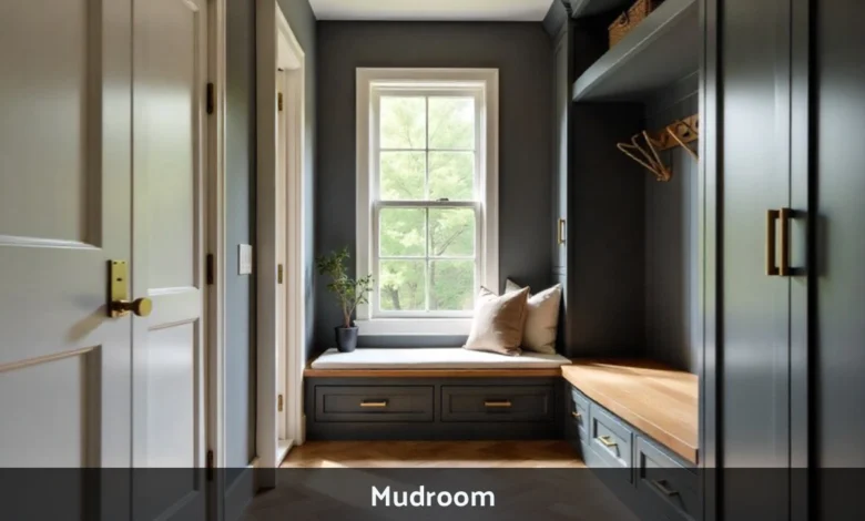 Mudroom with built-in cabinets, wooden bench seating, hooks for coats, and organized storage for shoes and bags