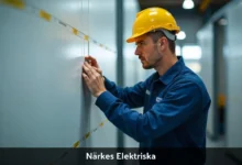 Närkes Elektriska technician installing smart electrical system with solar panels in Swedish facility