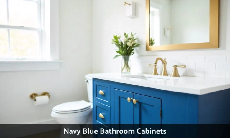 Navy blue bathroom cabinets with white countertop and brass hardware in modern bathroom