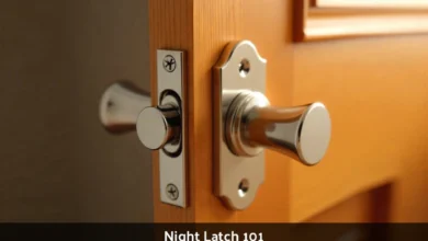 Night latch lock installed on wooden front door showing cylinder key entry and interior handle mechanism