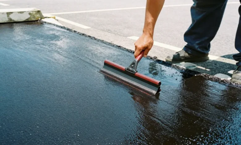 Professional applying pavement maintenance sealcoat treatment to protect parking lot surface from weather damage and cracks