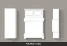Perfect bedroom size diagram showing standard dimensions for master bedroom with king bed, nightstands, and 30-inch clearance space
