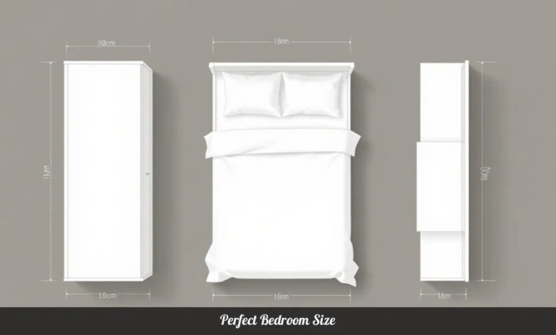 Perfect bedroom size diagram showing standard dimensions for master bedroom with king bed, nightstands, and 30-inch clearance space