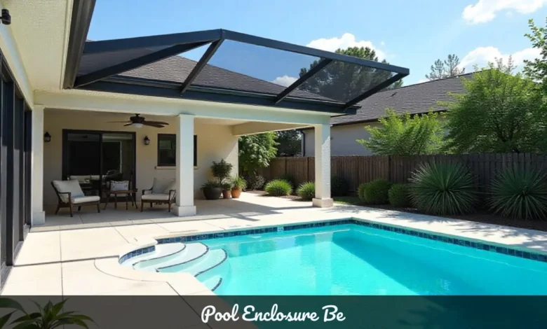 Pool enclosure height showing full screen cage structure from ground to peak with safety barrier around residential swimming pool