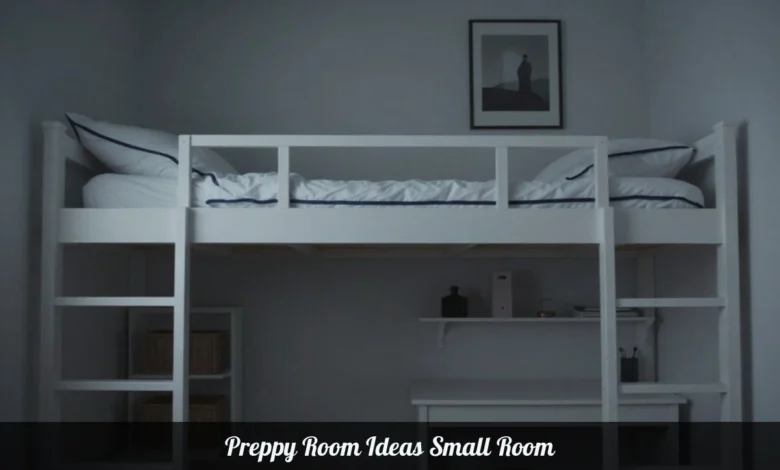 Preppy room ideas small room with pastel colors, loft bed, gingham patterns, and smart storage solutions