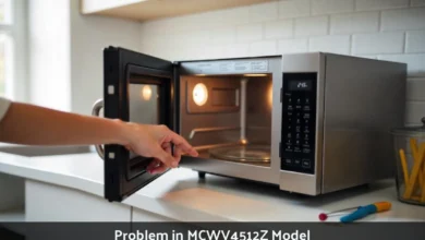 MCWV4512Z microwave troubleshooting guide showing common problems and repair solutions for power heating and door issues