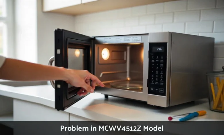 MCWV4512Z microwave troubleshooting guide showing common problems and repair solutions for power heating and door issues