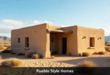 Pueblo Style Homes with adobe walls and wooden vigas in southwest desert