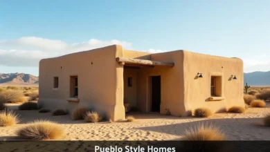 Pueblo Style Homes with adobe walls and wooden vigas in southwest desert
