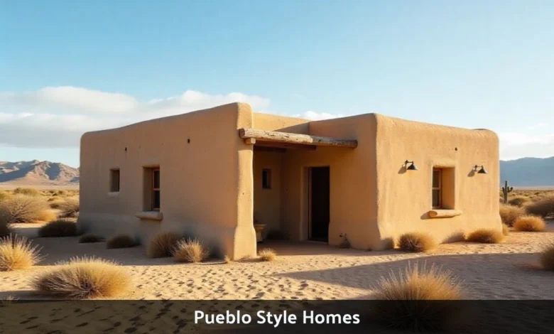 Pueblo Style Homes with adobe walls and wooden vigas in southwest desert