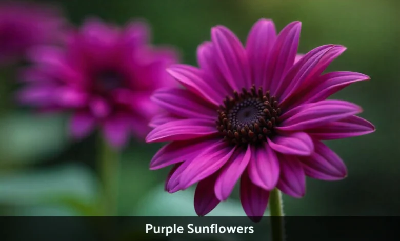 Purple Sunflowers with burgundy petals and dark centers growing in a sunny garden bed