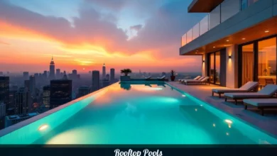 Rooftop pools with infinity edge and city skyline views at sunset featuring modern design and lounging area