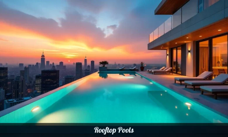 Rooftop pools with infinity edge and city skyline views at sunset featuring modern design and lounging area