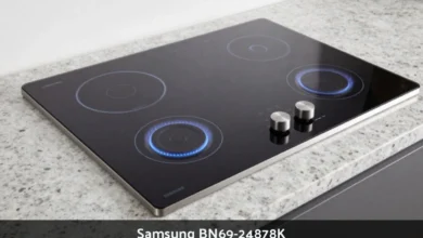 Samsung BN69-24878K induction cooktop with FlexZone technology and magnetic knobs on kitchen counter