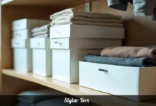 Slylar Box modular storage containers stacked on shelf in organized closet with clean design
