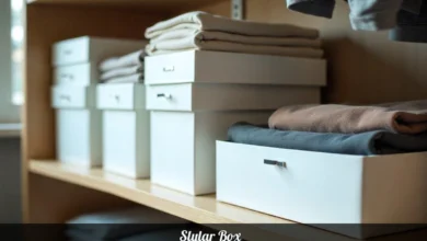 Slylar Box modular storage containers stacked on shelf in organized closet with clean design