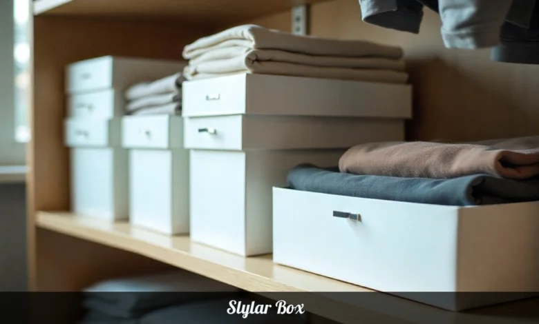 Slylar Box modular storage containers stacked on shelf in organized closet with clean design