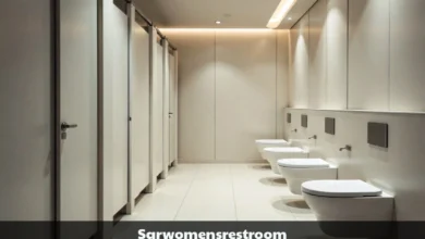 Sqrwomensrestroom facility showing modern women's restroom with privacy partitions, touchless fixtures, and smart accessibility features