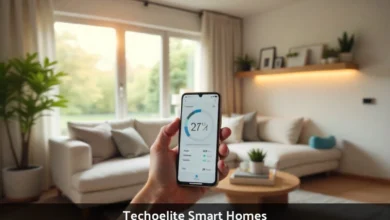 Modern living room with Techoelite Smart Homes automation showing smartphone control of lighting climate and security systems