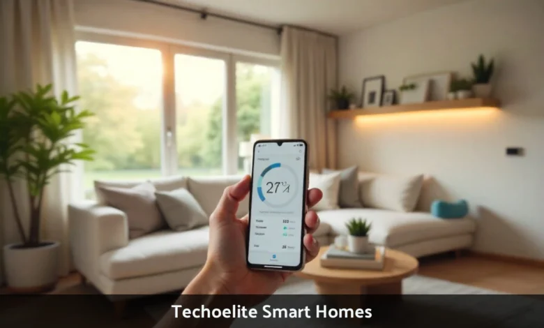 Modern living room with Techoelite Smart Homes automation showing smartphone control of lighting climate and security systems