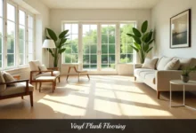 Vinyl Plank Flooring installed in modern living room showing realistic wood grain texture and wide plank design