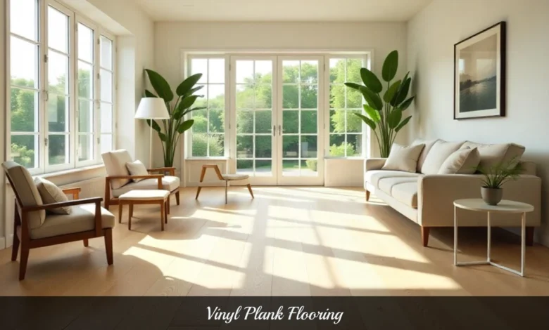 Vinyl Plank Flooring installed in modern living room showing realistic wood grain texture and wide plank design