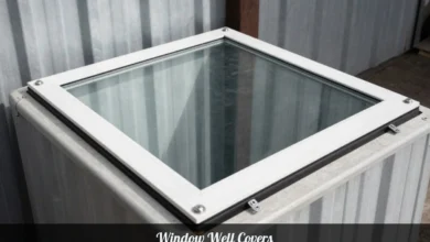 Window well covers installed on basement window protecting home from falls and water damage