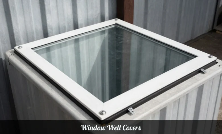 Window well covers installed on basement window protecting home from falls and water damage