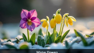 Winter flowers blooming in snow with hellebores pansies and snowdrops in garden