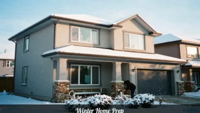 Winter Home Prep checklist showing house with insulated pipes and clean gutters to prevent frozen pipe damage