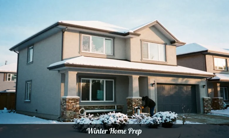 Winter Home Prep checklist showing house with insulated pipes and clean gutters to prevent frozen pipe damage