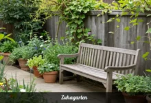 Zuhagarten personal garden sanctuary with herbs and seating area promoting peace and wellness