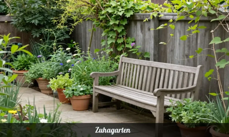 Zuhagarten personal garden sanctuary with herbs and seating area promoting peace and wellness