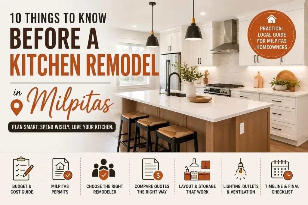 Modern kitchen remodel in Milpitas with island, cabinets, lighting and renovation planning