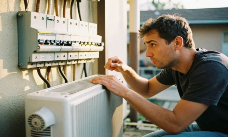 A concerned homeowner checks a silent and non-working outdoor AC unit for common problems.