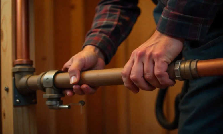 A plumber fixes loud Banging Pipes by installing a water hammer arrestor and securing a pipe strap.