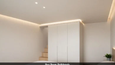 Modern box room bulkhead with LED lighting and built-in storage in small bedroom