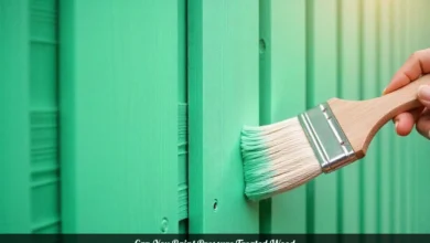 Applying primer to pressure-treated wood deck boards with brush for painting project