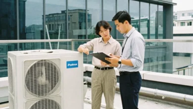 Business owner learning about commercial HVAC systems from contractor in office building