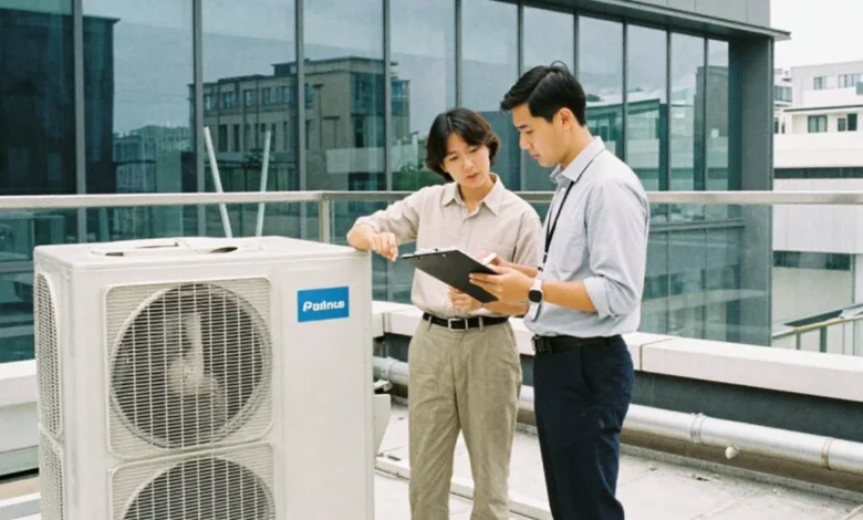 Business owner learning about commercial HVAC systems from contractor in office building