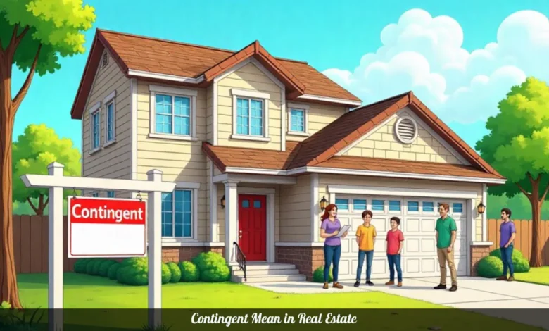 Contingent in real estate explained with house showing contingent status sign and buyers viewing property